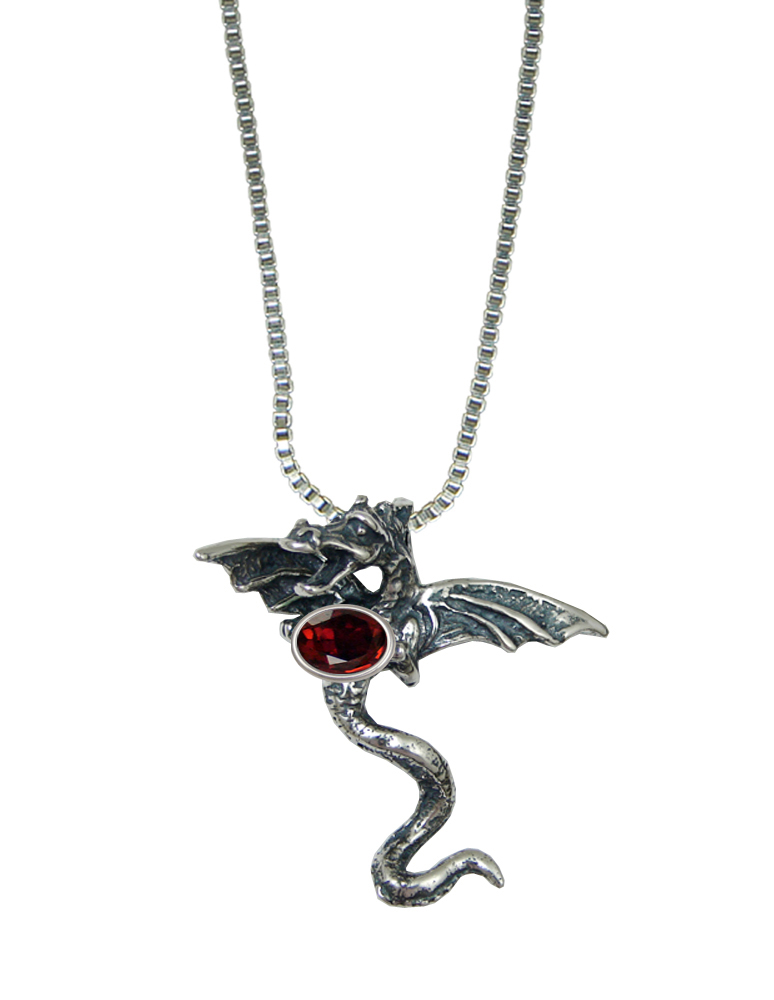 Sterling Silver Dramatic Dragon Pendant With Faceted Garnet